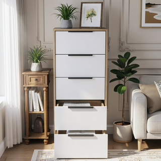 Sunvega Maryland White Pine Finish 5 Drawer Dresser with Metal Handles