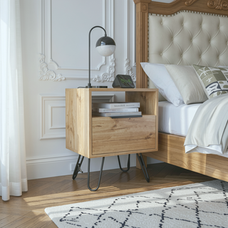 Sunvega Single Door Cabinet Nightstand with Hairpin Legs and Two Shelves
