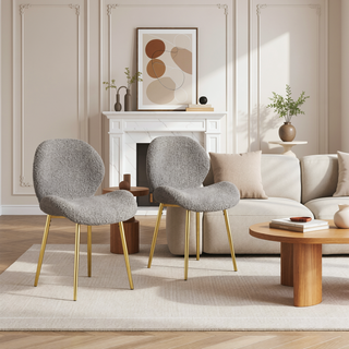 Sunvega Modern Minimalist White Teddy Velvet Dining Chairs Set of 2 with Gold Metal Legs