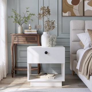 Sunvega Black Single Drawer Nightstand with Open Storage Shelf and Large Top Surface