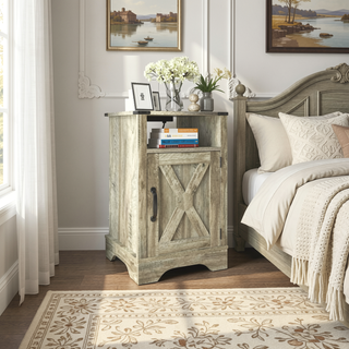 Sunvega White Oak Farmhouse Nightstand with Charging Station and Ample Storage