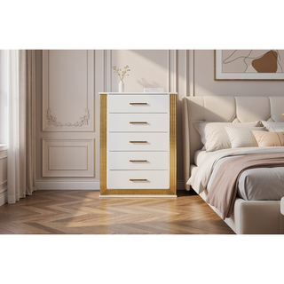 Sunvega Modern White and Gold Finish Five-Drawer Chest with LED Lights