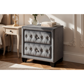 Sunvega Cream Velvet Upholstered Nightstand with Crystal Tufted Design and Two Drawers