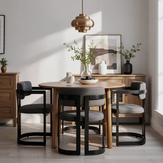 Sunvega Modern Upholstered Dining Chairs with Soft Beige Fabric Seat and Black Metal Frame
