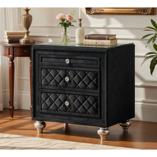 Sunvega Black Glam Nightstand with Velvet Tufted Drawers and Faux Crystal Knobs