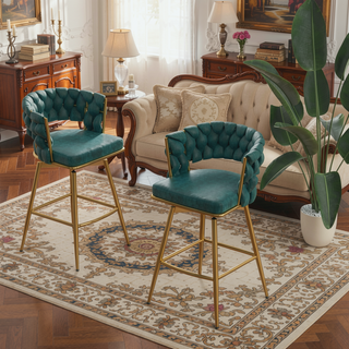 Sunvega Set of 2 Blue Suede Woven Swivel Bar Stools with Golden Legs and Footrest