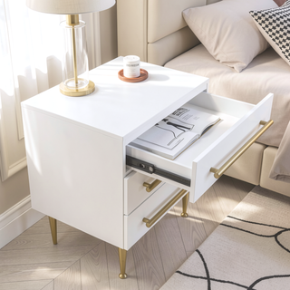 Sunvega Modern White Nightstand with Gold Accent and Three Wooden Drawers