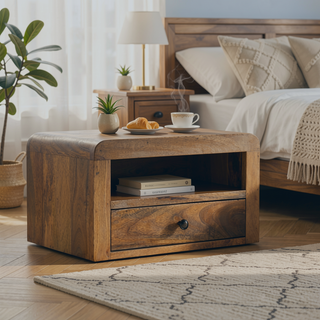 Sunvega Chunky Oak-ish Floating Bedside Table with Drawer and Open Shelf