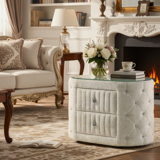 Sunvega Ivory Upholstered Nightstand with Two Spacious Drawers and Glass Top