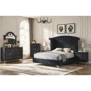 Sunvega Glam Style Black Finish Two Drawers Nailhead Tufted Nightstand with Tempered Glass