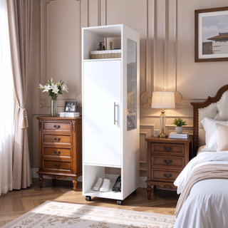Sunvega Freestanding Wardrobe with Mirror, Shelves, Hanging Rod and Casters for Bedroom