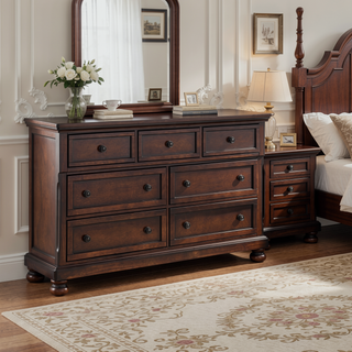 Sunvega Brown Cherry Finish Birch Veneer Nightstand with 2 Dovetail Drawers and Bun Feet