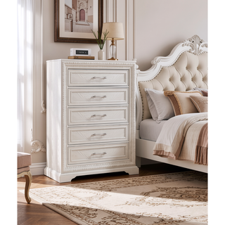 Sunvega Antique White Finish Wooden Nightstand with Two Drawers and Bar Handles