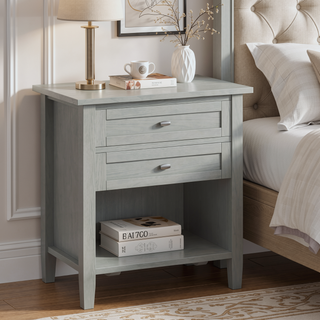 Sunvega Fog Grey Solid Wood Nightstand with Two Drawers and Open Shelf