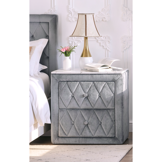 Sunvega Oval Faux Marble Top Nightstand with Two Drawers and Button Tufted Black Fabric