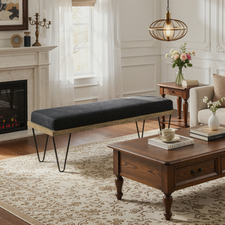 Sunvega Dark Blue and Black Upholstered Bench with Retro Hairpin Legs for Entryways