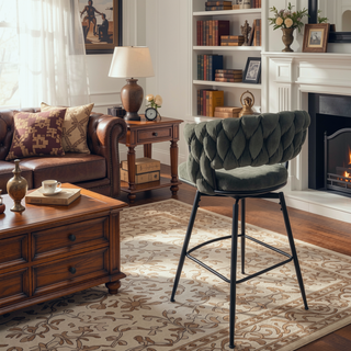 Sunvega Technical Leather Woven Bar Stool Set of 2 with 360 Swivel and Backrest