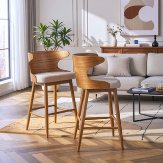 Sunvega Mid-Century Upholstered Rubberwood Bar Stools Set of Two