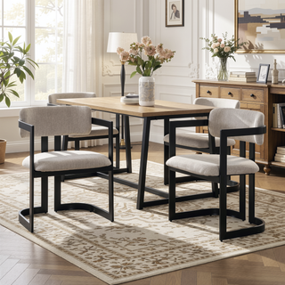 Sunvega Modern Upholstered Dining Chairs with Soft Beige Fabric Seat and Black Metal Frame