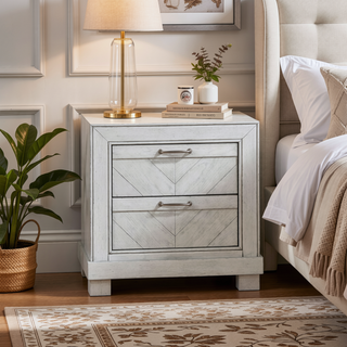Sunvega Montana Pearl Silver Nightstand with Hand-Stained Gray Finish and Felt Lined Drawers