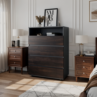 Sunvega Stained Walnut Dresser with Four Spacious Drawers and Open Shelf