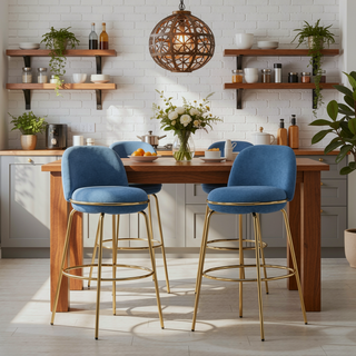 Sunvega Gold-Plated Metal Frame Blue Upholstered Low-Profile Backrest Barstools Set of 2
