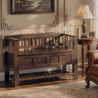 Sunvega Solid Wood Entryway Storage Bench with Shelf and Lift Up Lid