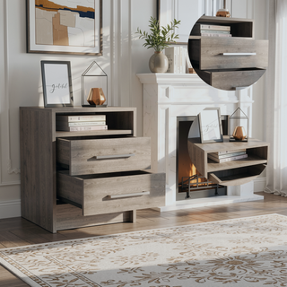 Sunvega Multifunctional Light Grey Nightstand with Drawers and Open Shelf
