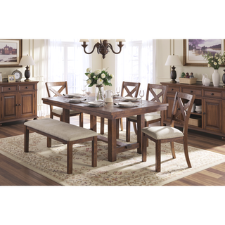 Sunvega Transitional Brown Finish Wood Frame Dining Bench with Beige Upholstered Seat