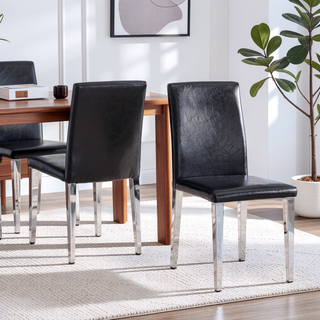 Sunvega Black Leather Chairs with Chrome Legs for Modern Minimalist Home Dining Set