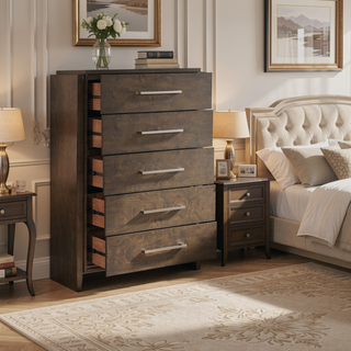 Sunvega Solid Rubberwood Nightstand with Two Drawers in Dark Walnut Finish