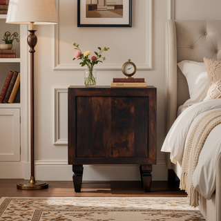 Sunvega Solid Mango Wood Nightstand with 2 Fluted Drawers and Brass Handles