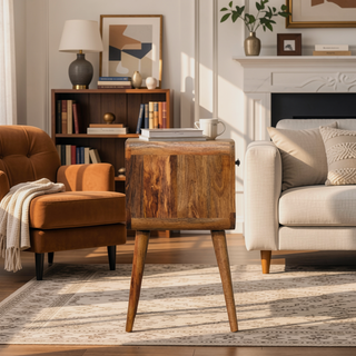 Sunvega Mini Solid Mango Wood Nightstand with Oak-ish Finish and Curved Edges