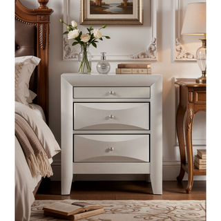 Sunvega Elegant Silver Champagne Nightstand with Three Spacious Drawers and Curved Fronts