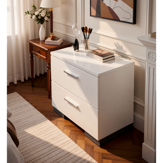 Sunvega Sleek White Nightstand with Chrome Legs and Two Spacious Drawers