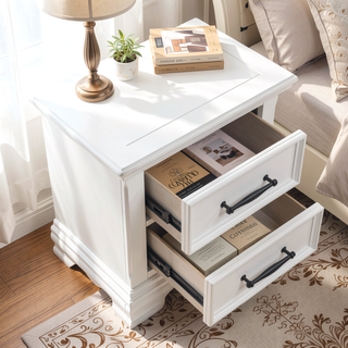 Sunvega White Finish 2-Drawer Nightstand with Black Nickel Pulls Classic Bedside Table