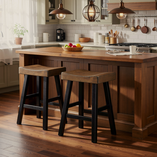 Sunvega Set of Two Brown Saddle Seat Stools with Black Rubberwood Frame