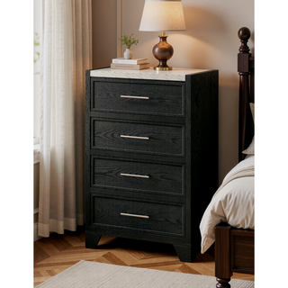Sunvega Modern Nightstand with Faux Marble Top Two Drawers Black Finish