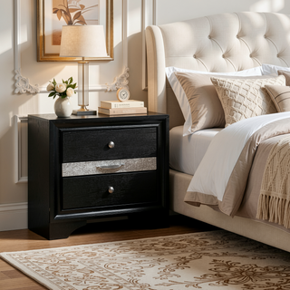 Sunvega Black Nightstand with Silver Trim Accent and Jewelry Drawer