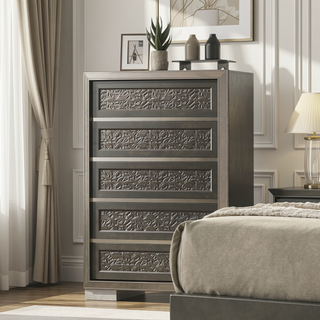Sunvega Contemporary Dark Gray Chest with Leaf Pattern Molding and Felt Lined Top Drawer