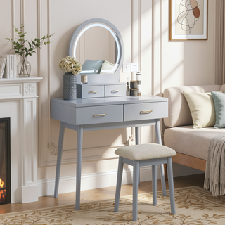 Sunvega Pink Finish Vanity Dresser with Mirror and Stool Set LED Light