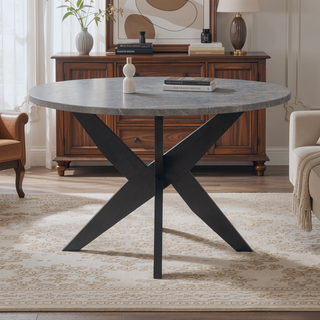 Sunvega Round Faux-Marble Dining Table with Solid Wood Legs and Adjustable Levelers