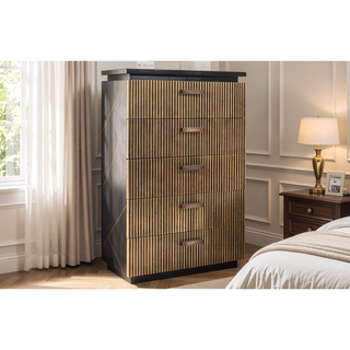 Sunvega Modern Mango Wood Chest with Brass Metal Accents and Five Drawers