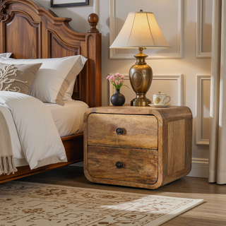 Sunvega Solid Mango Wood Mini Floating Bedside Table with 2 Drawers
