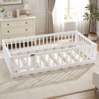 Sunvega Twin Size Floor Bed with Safety Guardrails and Door for Kids in Natural