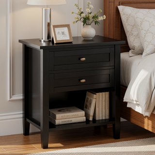 Sunvega Transitional Solid Wood Nightstand with Two Drawers and Lower Shelf