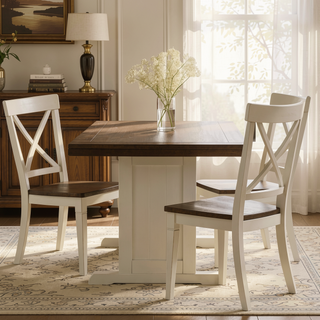 Sunvega Mahogany and Mindi Wood Rectangular Plank Top Dining Table with Off White Trestle Base