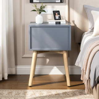 Sunvega Mid-Century Modern Bedside Table with 2 Drawers and Rubber Wood Legs