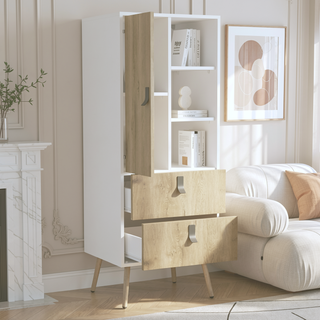 Sunvega Magness White Macadamia Tall Dresser with Two Large Drawers and Open Shelves