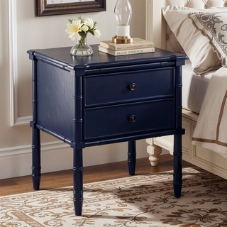 Sunvega Midnight Blue Tropical Style Nightstand with Two Drawers and Carved Wood Legs